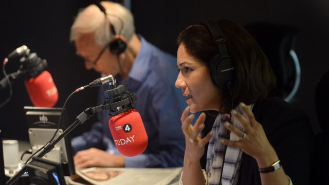Article thumbnail: Mishal Husain with co-presenter John Humphrys in the BBC Radio 4 studio as she begins her new job today as a presenter on the BBC's Radio 4's flagship Today programme. She joins the show's line-up - alongside John Humphrys, Jim Naughtie, Sarah Montague, Evan Davis and Justin Webb - with a series of headline interviews with schoolgirl human rights campaigner Malala Yousafzai. For use in UK, Ireland or Benelux countries only. BBC handout photo of PRESS ASSOCIATION Photo. Picture date: Monday October 7, 2013. See PA story. Photo credit should read: Jeff Overs/PA Wire NOTE TO EDITORS: Not for use more than 21 days after issue. You may use this picture without charge only for the purpose of publicising or reporting on current BBC programming, personnel or other BBC output or activity within 21 days of issue. Any use after that time MUST be cleared through BBC Picture Publicity. Please credit the image to the BBC and any named photographer or independent programme maker, as described in the caption.