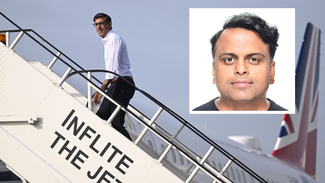 Rishi Sunak had one of his private jet flights to Conservative Party events funded by sleep guru Akhil Tripathi (inset)
