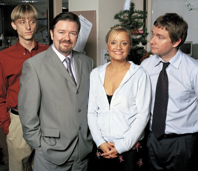The Office Christmas Special - Picture Shows: (l-r) David Brent (RICKY GERVAIS), Gareth Keenan (MACKENZIE CROOK), Dawn (LUCY DAVIS) and Tim (MARTIN FREEMAN)