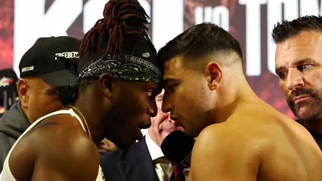 Article thumbnail: Boxing - X Series Press Conference - OVO Arena Wembley, London, Britain - August 22, 2023 KSI head to head with Tommy Fury during the press conference Action Images via Reuters/Andrew Boyers