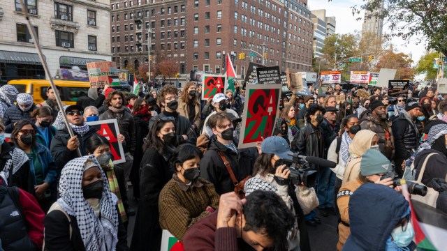 Article thumbnail: NEW YORK, NEW YORK - NOVEMBER 15: Students participate in a protest in support of Palestine and for free speech outside of the Columbia University campus on November 15, 2023 in New York City. The university suspended two student organizations, Students for Justice in Palestine, and Jewish Voices for Peace, for violating university policies. The tense atmosphere at many college campuses has increased as student groups, activists and others have protested both in support of Israel and Palestine (Photo by Spencer Platt/Getty Images)