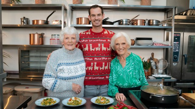 Article thumbnail: Mary Berry's Highland Christmas,13-12-2023,Shirley Erskine, Mary Berry, Andy Murray,with Mary's Kedgeree with Spinach and Herbs **STRICTLY EMBARGOED NOT FOR PUBLICATION UNTIL 00:01 HRS ON SATURDAY 2ND DECEMBER 2023**,Rumpus Media,Mark Mainz BBC TV TV Still