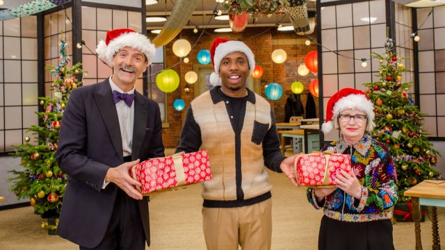 Article thumbnail: The Great British Sewing Bee: Celebrity Christmas Special,Christmas Announcement,Patrick Grant, Kiell Smith-Bynoe, Esme Young ,Judge Patrick Grant, Presenter Kiell Smith-Bynoe and Judge Esme Young. **STRICTLY EMBARGOED NOT FOR PUBLICATION UNTIL 00:01 HRS ON TUESDAY 28TH NOVEMBER 2023**,Love Productions,Paul Andrews BBC TV TV Still