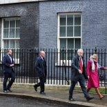 Article thumbnail: Danny Kruger and Miriam Cates, accompanied by other members of the New Conservatives, walk outside 10 Downing Street in London, Britain, December 12, 2023. REUTERS/Hannah McKay