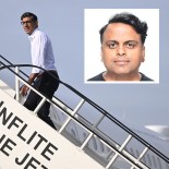 Article thumbnail: Rishi Sunak had one of his private jet flights to Conservative Party events funded by sleep guru Akhil Tripathi (inset)